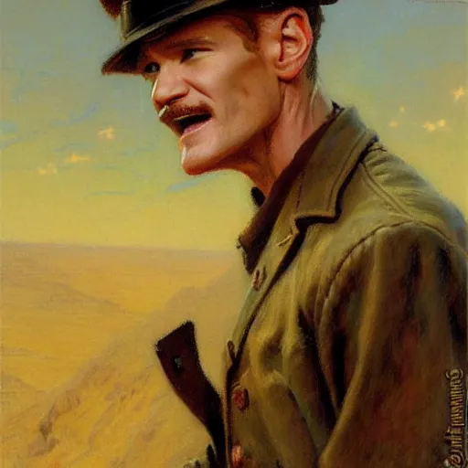 Image similar to neil patrick harris is a railroad worker, painting by gaston bussiere, craig mullins, j. c. leyendecker, tom of finland