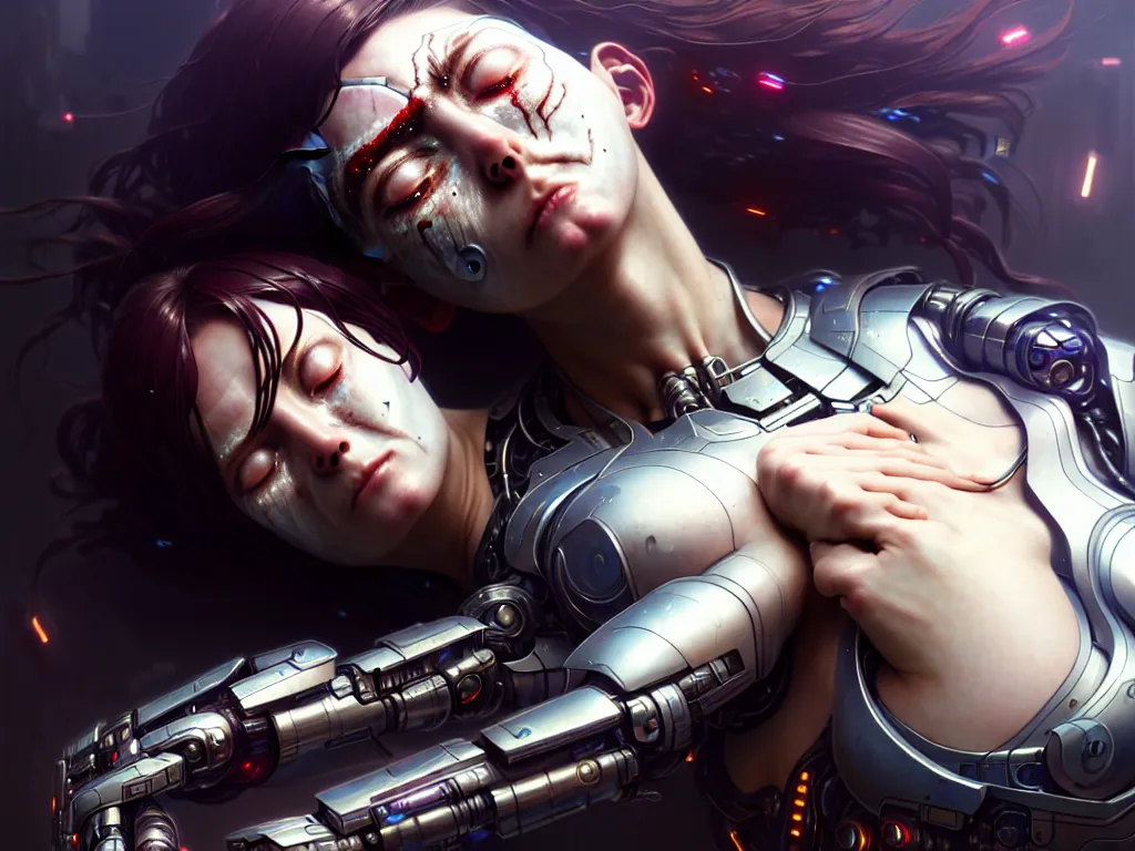 Image similar to ultra realistic, cyborg woman crying and broken and lying on a surface, cyberpunk, sci-fi, fantasy, intricate details, elegant, highly detailed, photorealistic, octane render, 8k, HD, art by artgerm and greg rutkowski and alphonse mucha