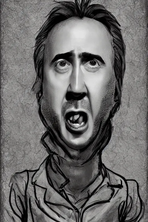 Prompt: nicolas cage!! freaking out, in the style of georgia o'keefe