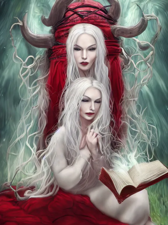 Image similar to hyper-realistic illustration of a gorgeous!!! woman with long white hair, pale skin, devilish horns, red eyes | wearing a white and red kimono & large rope tied around her wait with two giant bells at the ends | holding an old, tattered, beat up book | casting a magical spell | surrounded by Will-o'-the-wisp, spirits | cyberpunk, grunge, android, geisha, elf | digital painting, artstation, concept art, character design, sharp focus, illustration, highly detailed, smooth | drawn by WLOP, drawn by sakamichan, drawn by ross tran, drawn by peter kemp, drawn by hikari shimoda, drawn by Dao Trong Le, drawn by Alex Flores | fantasy, dungeons and dragons, dark, evil