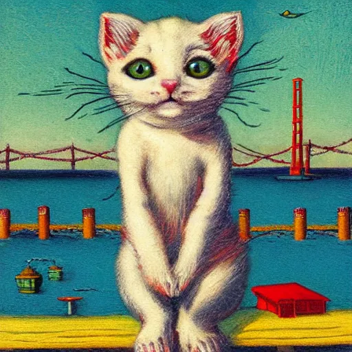 Image similar to a small sad white kitten at fisherman's wharf in San Francisco, fantasy illustration, Louis William Wain