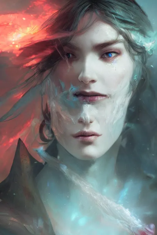 Prompt: face closeup beautiful girl necromancer casting magic spell, angel, 3 d render, hyper realistic detailed portrait, magic storm, thunder, red eyes, elves, ruan jia, wlop. scifi, fantasy, magic the gathering, hyper detailed, octane render, concept art, peter mohrbacher