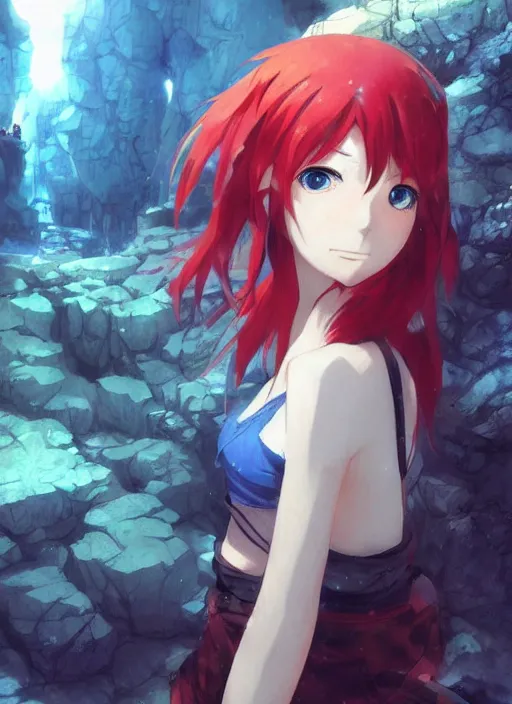 Image similar to anime girl in a cave, red hair, gorgeous face, anime style, digital art, by makoto shinkai, by wenjun lin, perfect shading