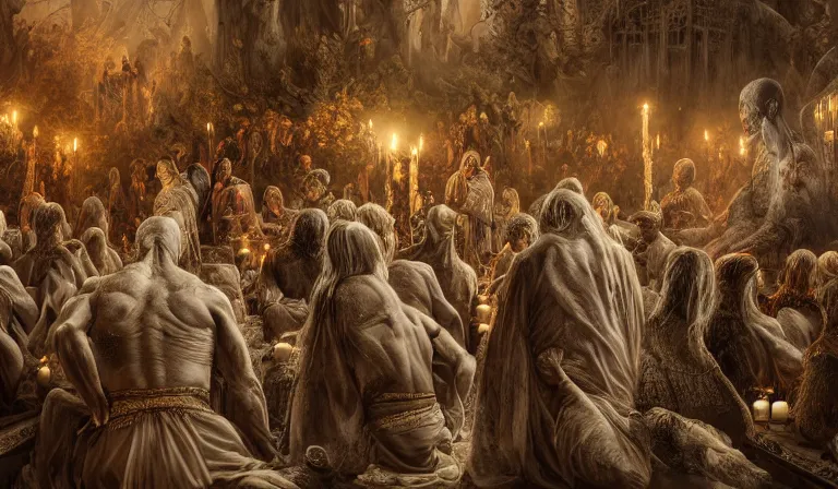 Prompt: hyper-detailed photo of a sacred undead ceremony, 8k, ultra detail, hyperrealism, science-fantasy, concept art, cinematic accent lighting, photographic, soft light, divine proportion, hyper-detailed