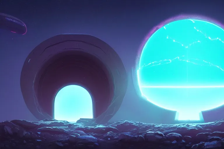 Prompt: a single distant fleshy glowing portal opens up in an otherwise dark and desolate landscape : retro, sci - fi, surrealism, vaporwave, concept art, 4 k, ultra hd, very detailed, digital art