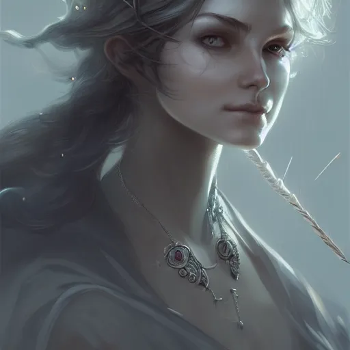 Image similar to beautiful extremely detailed intricate concept art depicting an archer by charlie bowater. shining jewelry. grey atmosphere. particles in the background. artstation