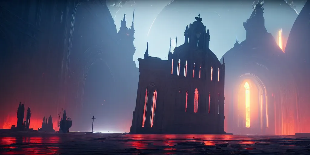 Image similar to symmetrical, centered composition, ancient church with red shafts of light in destiny 2, foggy, liminal, dark, dystopian, beautiful architecture, abandoned, highly detailed 4 k destiny 2 expansion key art wallpaper