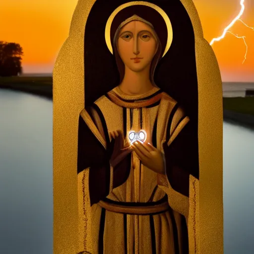 Image similar to beautiful photography of holy mary as a cute catgirl, gorgeous and magnificent masterpiece, symmetrical composition, golden hour lightning, taken with leica 0-series no. 105