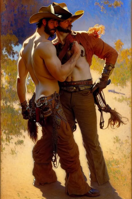 Prompt: a homoerotic painting by gaston bussiere, craig mullins, alphonse mucha j. c. leyendecker of two attractive hairy cowboy gunslingers in love | bandoliers, shirtless, leather clothing | natural lighting, path traced, highly detailed, high quality, digital painting, trending on artstation