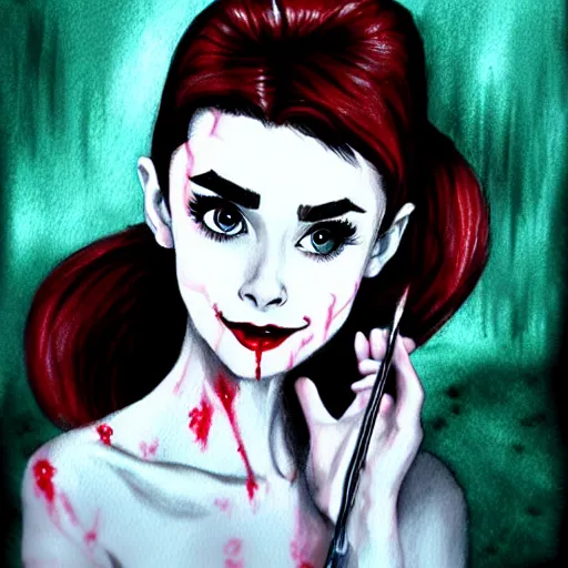 Image similar to an adorable vampire fairy inspired by audrey hepburn and kristen ritter, 8 k resolution whimsical watercolor pencil drawing, deviantart artstation