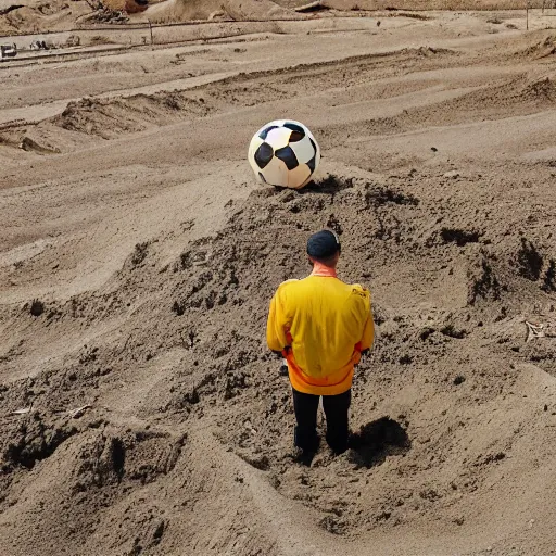 Image similar to in the distance, in the center of a large sandy quarry, a large golden ball lies in the sand, a broken excavator and a man in military uniform standing nearby, stylization is a grainy photo, high quality, depth of sharpness, emphasis and focus on the golden ball
