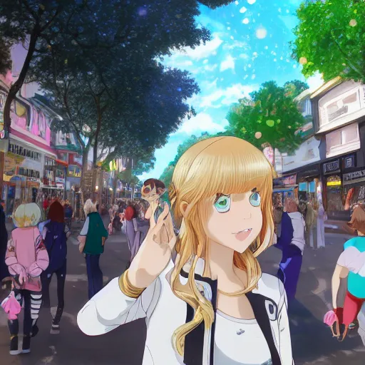 Image similar to blonde - haired princess, anime princess, wearing black jacket and white leggings, looking through crowd, town street, festival street, trees, green trees, blue lighting, blue sunshine, strong lighting, strong shadows, vivid hues, ultra - realistic, sharp details, subsurface scattering, intricate details, hd anime, 2 0 1 9 anime