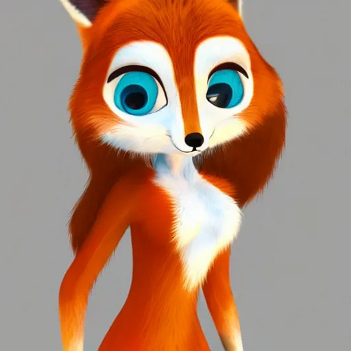 Prompt: portrait anthropomorphic female fox with short white fur covering her body in the style of zootopia