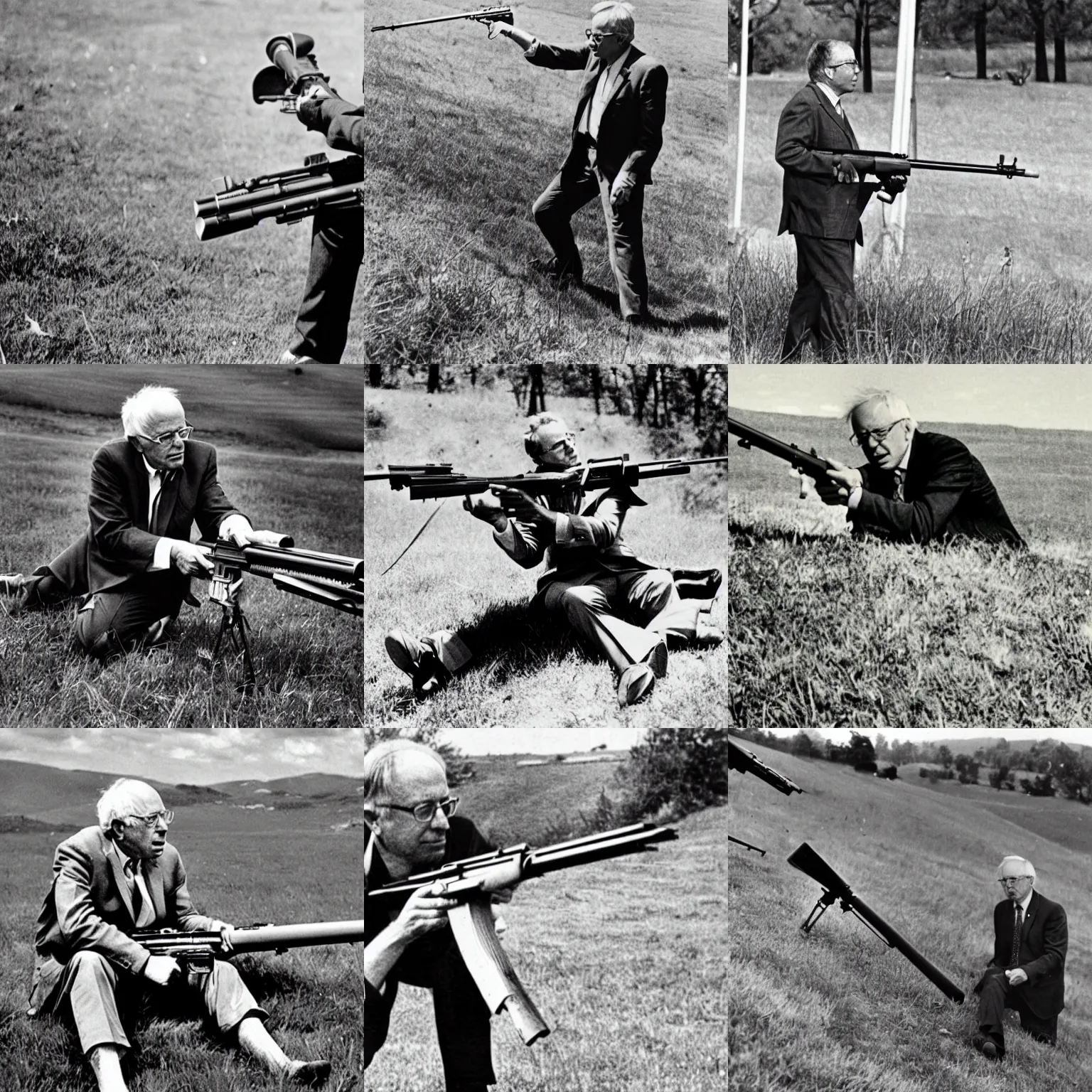 Prompt: historical photograph of bernie sanders on a grassy knoll holding a sniper rifle