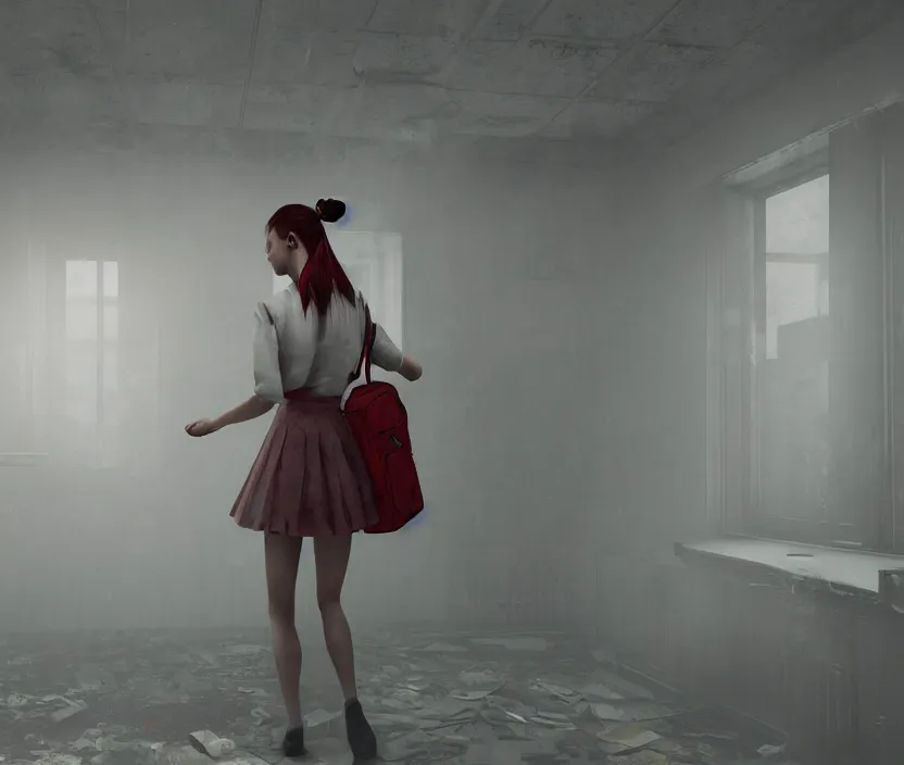 Prompt: School girl standing on an abandoned hospital room with red ceiling lighting, gloomy and foggy atmosphere, octane render, artstation trending, horror scene, highly detailded