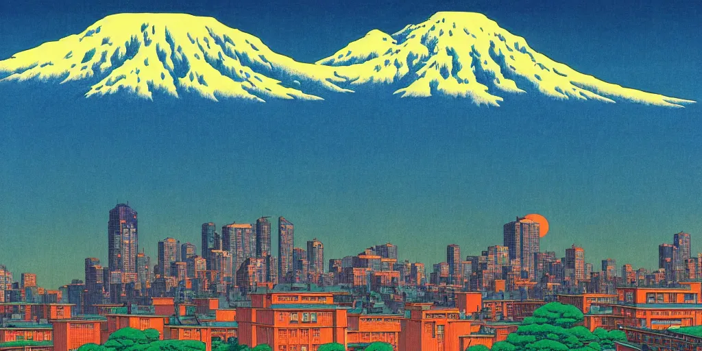 Image similar to skyline of a large metropolis, mount rainier looming in the background, acid and dreaming psychedelic hallucinations, by kawase hasui, moebius and edward hopper, hd, 8 k, artstation, sharp focus, smooth, masterpiece