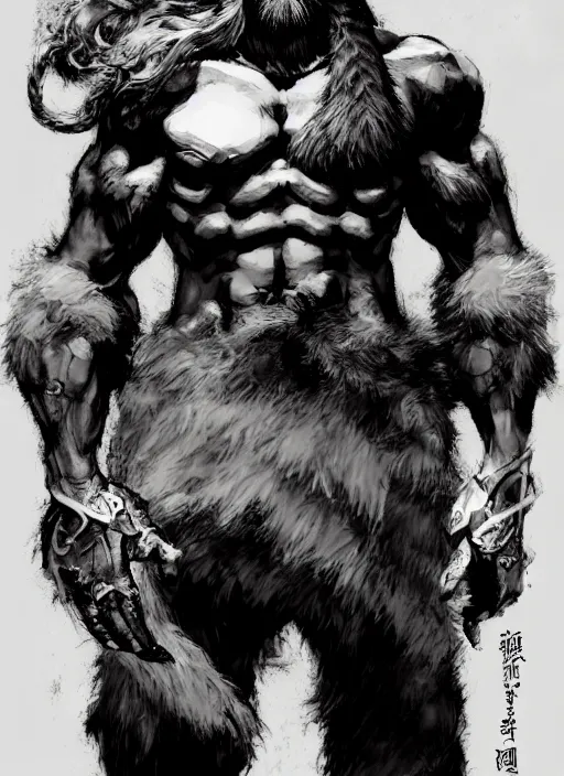 Image similar to Full body portrait of an old muscular man with blonde hair and beard wearing bear skin. In style of Yoji Shinkawa and Hyung-tae Kim, trending on ArtStation, dark fantasy, great composition, concept art, highly detailed.