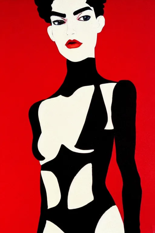 Image similar to dreamy girl character with perfect body in a nice black leather suit and red lips, very artistic pose, background in blurred, perfect lighting. professional design, intricate complexity, by dan mumford and by alberto giacometti, peter lindbergh, malevich, william stout