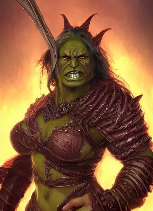 Image similar to female orc, ultra detailed fantasy, dndbeyond, bright, colourful, realistic, dnd character portrait, full body, pathfinder, pinterest, art by ralph horsley, dnd, rpg, lotr game design fanart by concept art, behance hd, artstation, deviantart, hdr render in unreal engine 5