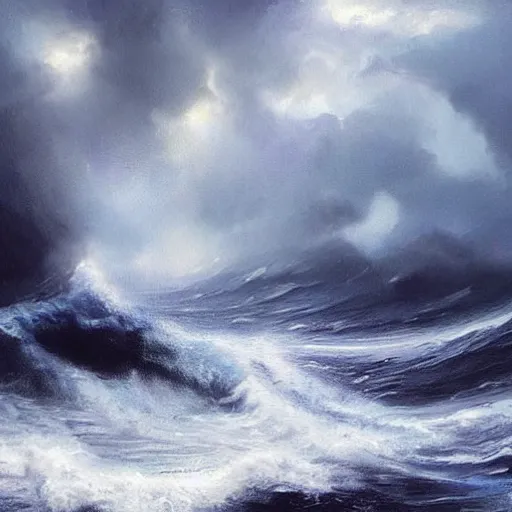 Image similar to a dark stormy sea in an aquarium, large waves, miniature, fantasy concept art, digital painting, oil painting, hyperrealistic, highly detailed