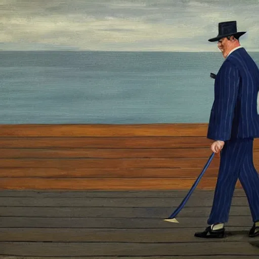 Prompt: A large man in a blue pinstripe suit with a cane stepping off of a cargo ship onto the docks, art, painting, villain