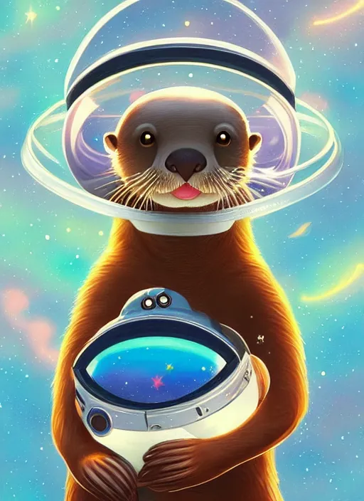 Image similar to a portrait of a cute otter with a space helmet, swimming through a beautiful galaxy!!!, detailed, artstation, art by miyazaki and rhads