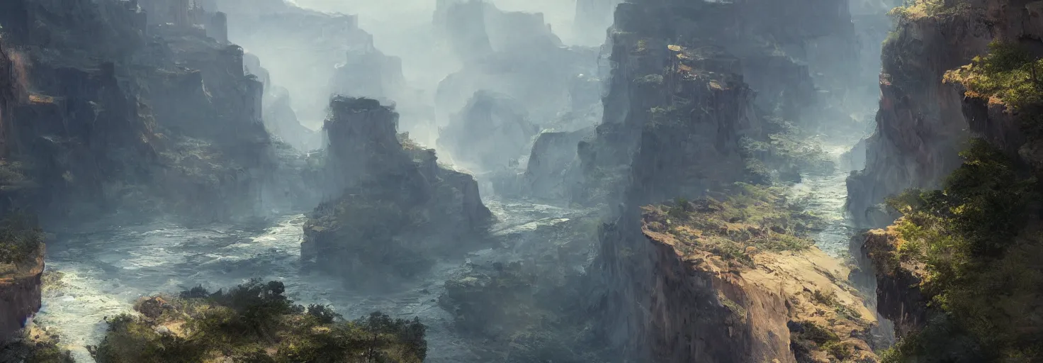 Prompt: A canyon with large cliffs and a river by paul chadeisson, cinematic lighting, extremely detailed, ultra realistic, trending on artstation, 8K