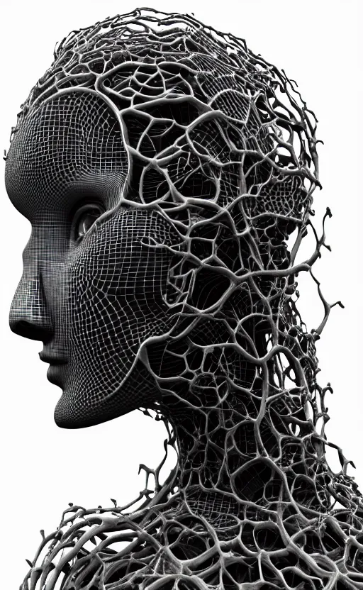 Image similar to black and white complex 3d render of a beautiful profile woman face, vegetal dragon cyborg, 150 mm, magnolia stems, roots, fine lace, maze like, mandelbot fractal, anatomical, facial muscles, cable wires, microchip, elegant, highly detailed, black metalic carbon armour, rim light, octane render, H.R. Giger style