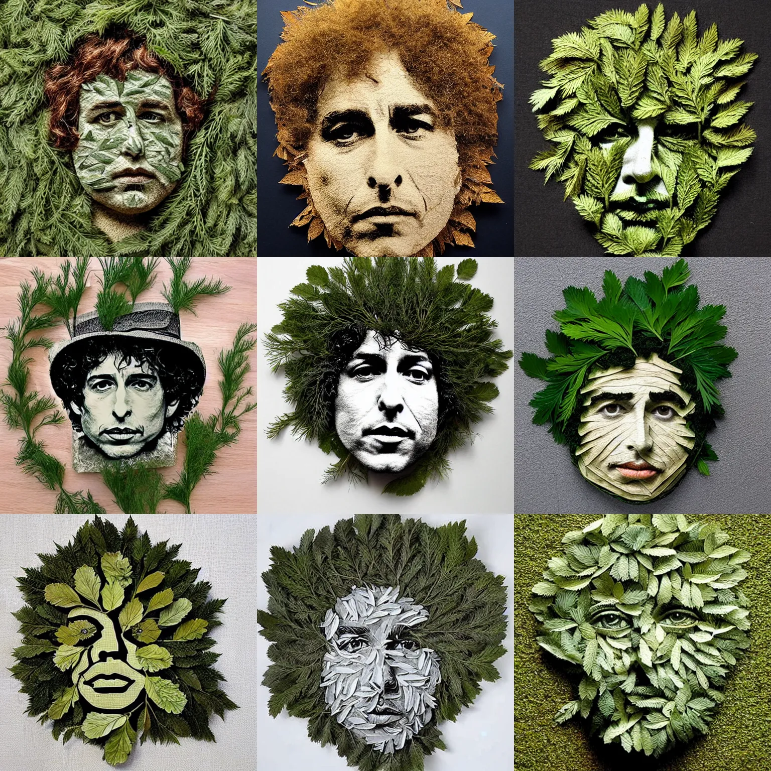 Prompt: a face made of dill leaves made of bob dylan