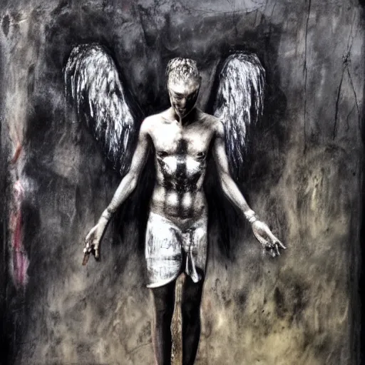 Image similar to a fallen angel stands at the checkout in the supermarket, mixed media, charcoal and acrylic paints, by enki Bilal, hyper realistic