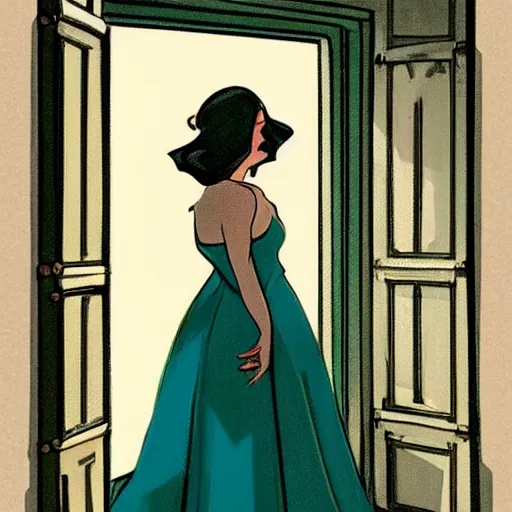 Prompt: a woman in an open dress royal dress looking out a castle window, ArtStation trending, detailed, digital art, calm colors, 1930s Childrens book