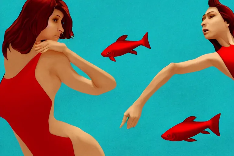 Image similar to fishes swim around woman in red swimsuit, highly detailed, smooth, sharp focus, concept art, illustration, beautiful, geometric, trending on artstation, cinematic, artwork by Swanland, Raymond