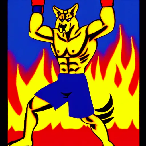 Image similar to full body portrait. 1 6 bit sega graphics. antropomorphic muscular masculine wolf, kickboxer fighter, in shorts, wolf head, in front of burning town at night. furr on body. 1 9 8 9