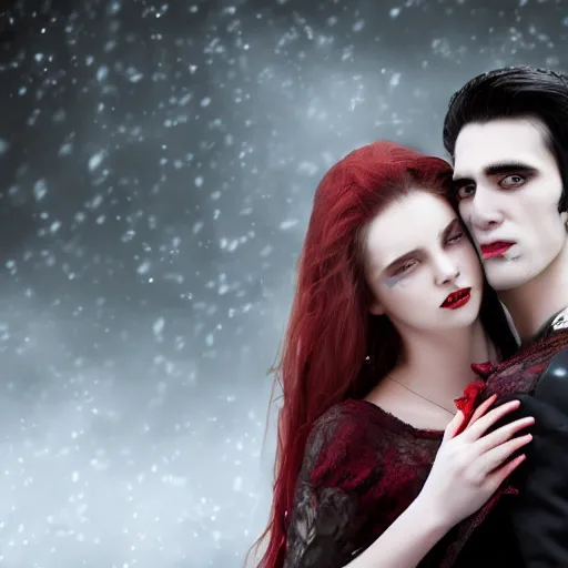 Image similar to handsome vampire holding a beautiful girl, 4 k, professional photograph, romance novel cover