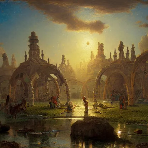 Image similar to detailed painting of a multiverse gateway in ancient mesopotamia in the middle of a sulphur lake, filigree ornaments, andreas achenbach, simon stalenhag