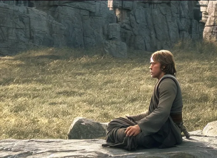 Image similar to screenshot of Luke Skywalker using the force to make rocks float around him, sitting outside on the rocky jedi temple, famous scene from the last jedi, 1980s film directed by Stanley Kubrick cinematic lighting, moody cinematography, with anamorphic lenses, crisp, detailed portrait, 4k image