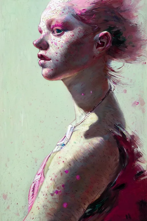 Image similar to portrait of a beautiful girl, albino, lots of freckles, nose piercing, shades of pink, beautiful face, rule of thirds, intricate outfit, spotlight, by greg rutkowski, by jeremy mann, by francoise nielly, by van gogh, digital painting