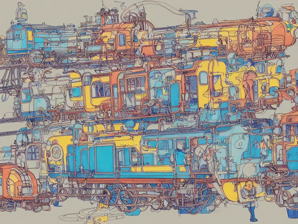 Prompt: colorful blueprint sideview of a anime train, illustration, concept art, autumn light, colorful, beautiful, studio ghibli, hayao miyazaki, takashi murakami, alfons mucha, manga, cute and adorable