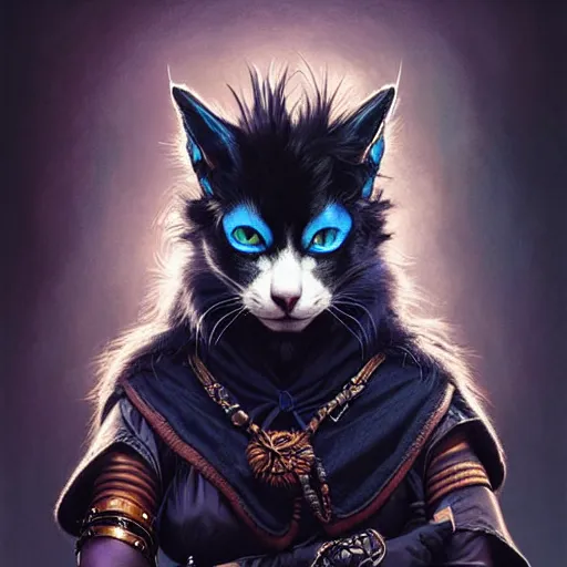 Image similar to portrait painting of a punk catfolk bard with blue eyes and black fur, ultra realistic, concept art, intricate details, eerie, highly detailed, photorealistic, octane render, 8 k, unreal engine. art by artgerm and greg rutkowski and charlie bowater and magali villeneuve and alphonse mucha