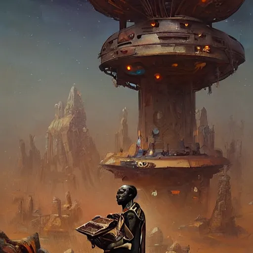 Prompt: a dogon priest activating a steampunk portal in a futuristic village by greg rutkowski and android jones, oil on canvas, synthwave