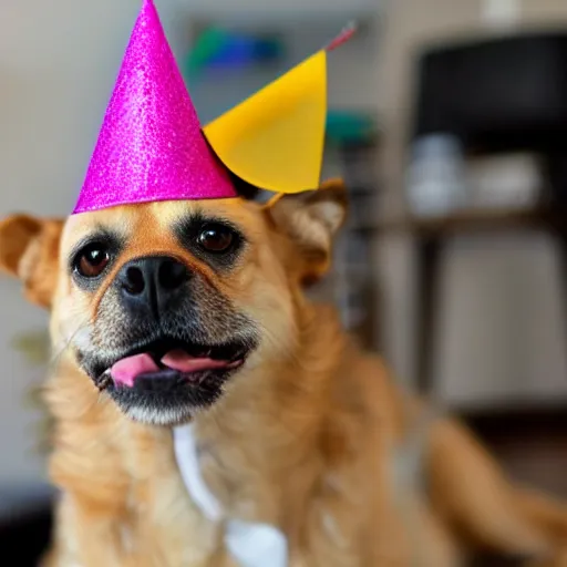 Prompt: dog wearing a party hat