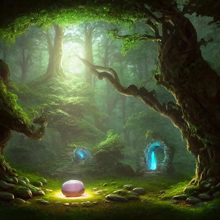 Prompt: Fantasy Magical fairy-tale glowing stone portal in the forest. Round stone portal teleport in trees to other worlds. Fantastic landscape. Magic Altar in the fores, highly detailed, digital painting, concept art, smooth, sharp focus, illustration, art by greg rutkowski