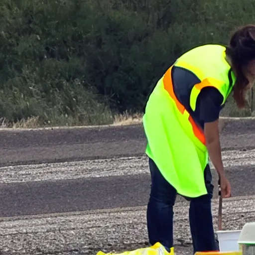 Image similar to emma watson in a hi vis vest picking up trash on the side of the interstate,