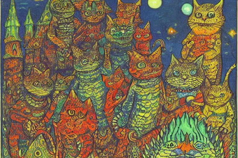 Prompt: a fantasy illustration, Castle of the lizard king by Louis Wain (1920)