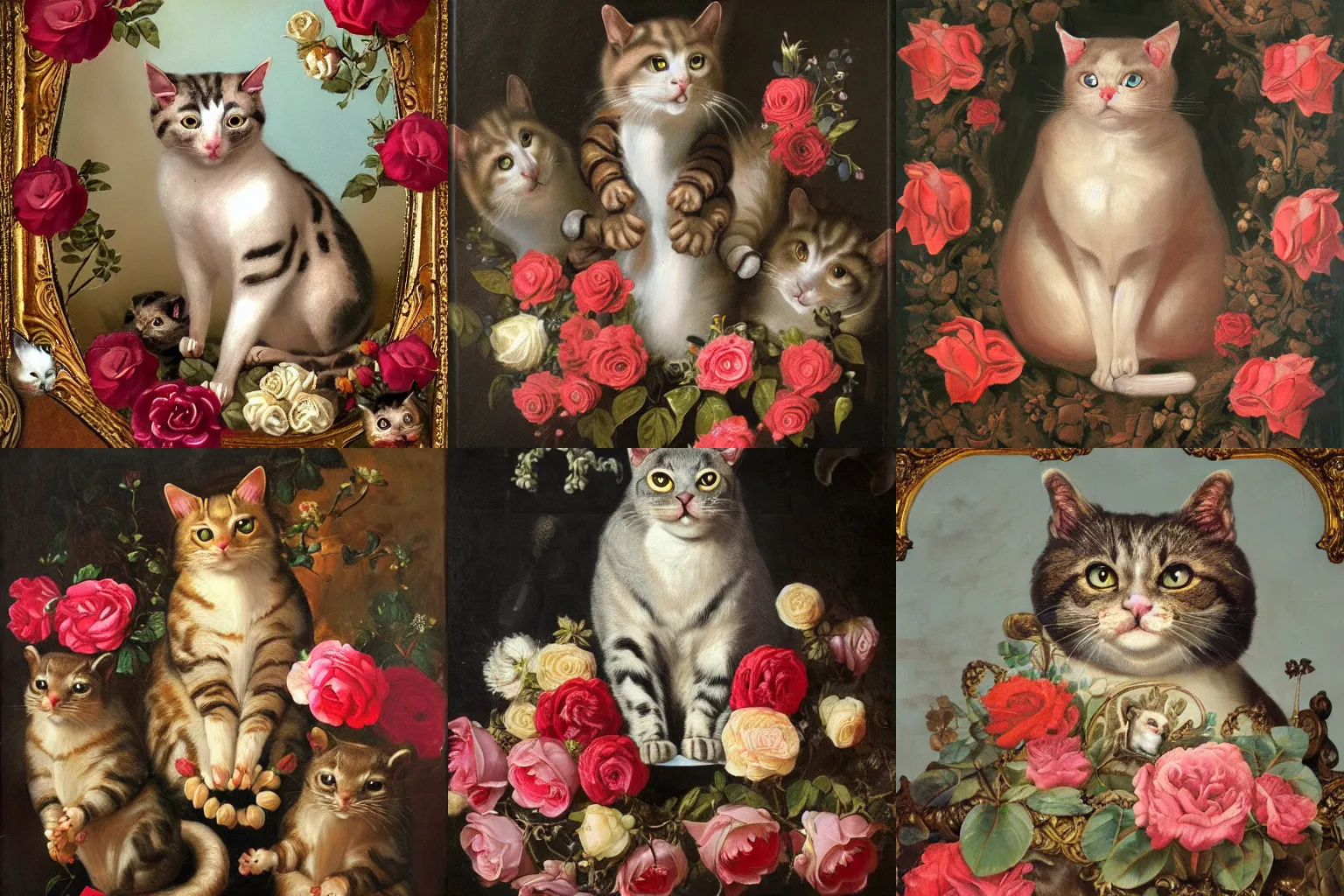 Prompt: Baroque portrait of an inverted cat surrounded by squirrels and roses. Highly detailed, anatomically correct, dramatic lighting, oil paint on canvas