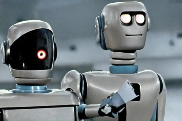 Image similar to a movie still from the 1978 Sci-fi movie The Robots Are Alive featuring Bender from Futurama