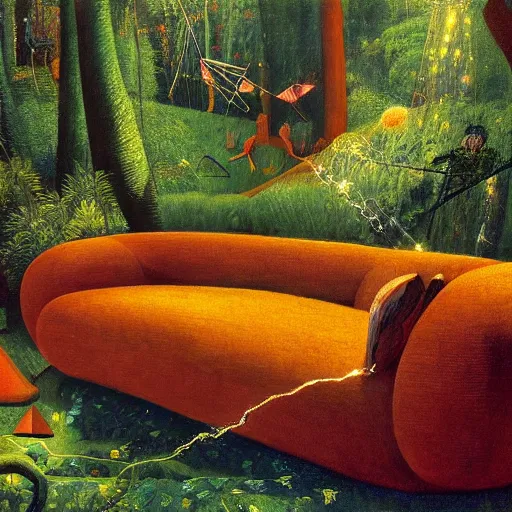 Image similar to psychedelic couch sofa in the lush forest, milky way, designed by arnold bocklin, jules bastien - lepage, tarsila do amaral, wayne barlowe and gustave baumann, cheval michael, trending on artstation, mediterranean, star, sharp focus, colorful refracted sparkles and lines, soft light, 8 k 4 k