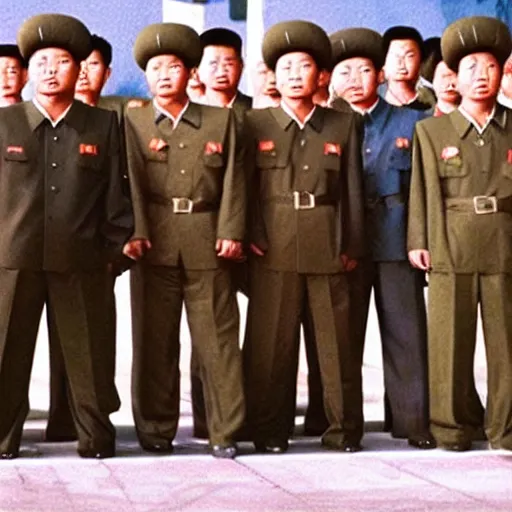 Prompt: low resolution filmstill of a north Korean thriller in the style of Kim Jong-il and Shinya Tsukamoto, Mamiya medium format, cinemascope