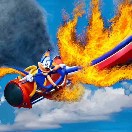 Image similar to hyper realistic sonic riding a roller coaster on fire in disney land