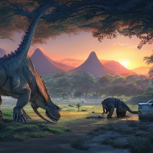 Prompt: The extenction of the dinosaurs, sunset time, extra detailed, digital illustration, by Makoto Shinkai and thomas kinkade, oil painting, Matte painting, trending on artstation and unreal engine